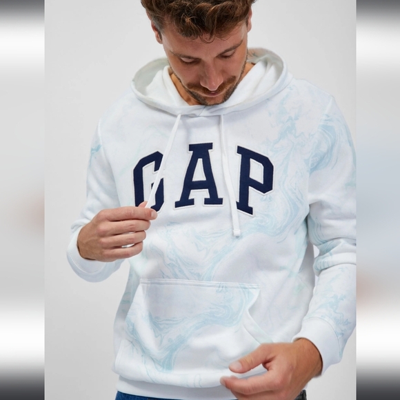 NWT! GAP, Logo Sweatshirt With Hood, White/Blue Swirl, Size XS - Picture 1 of 10